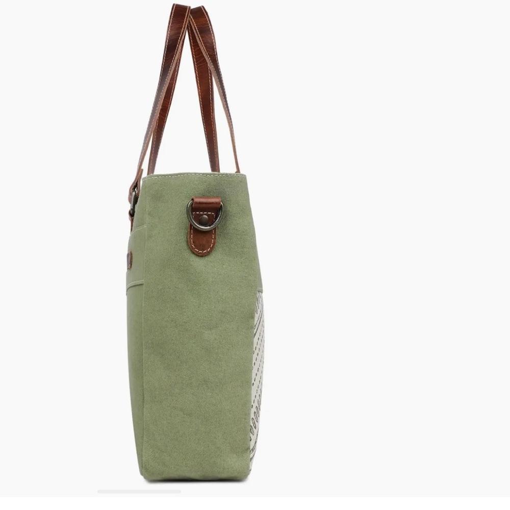 Canvas & Leather Women's Tote Bag - Moss Green/Alabaster - Picture 2 of 4